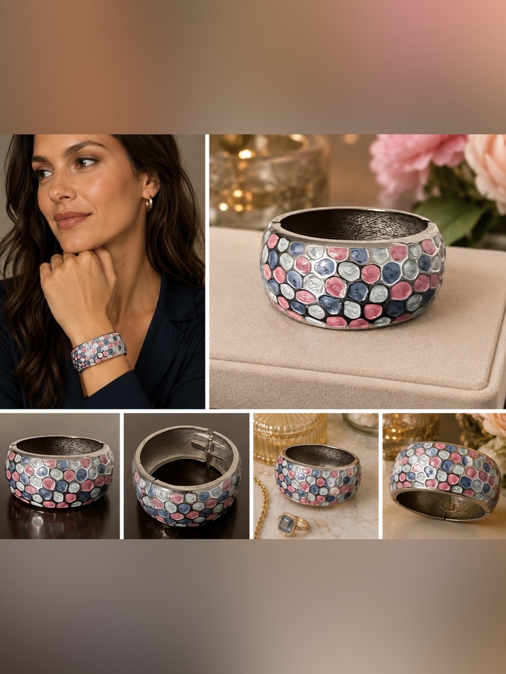 Retro Chunky Mosaic Enamel Hinge Bracelet | Pink Blue Gray Statement Bangle